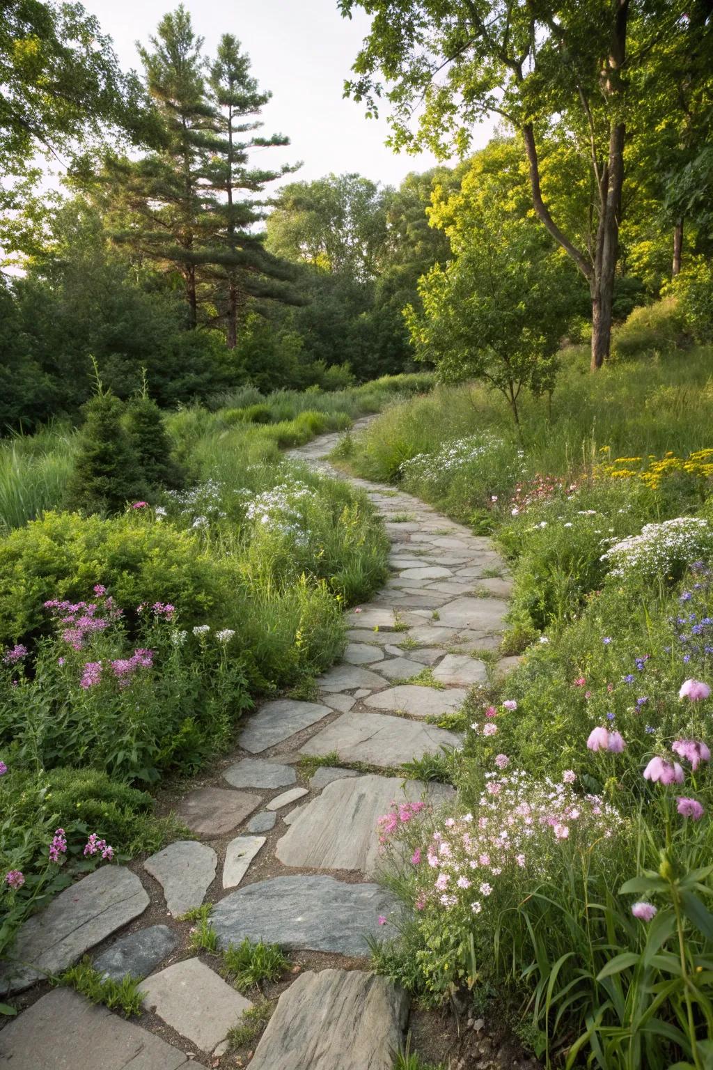 A rustic fieldstone path for an adventurous garden experience.