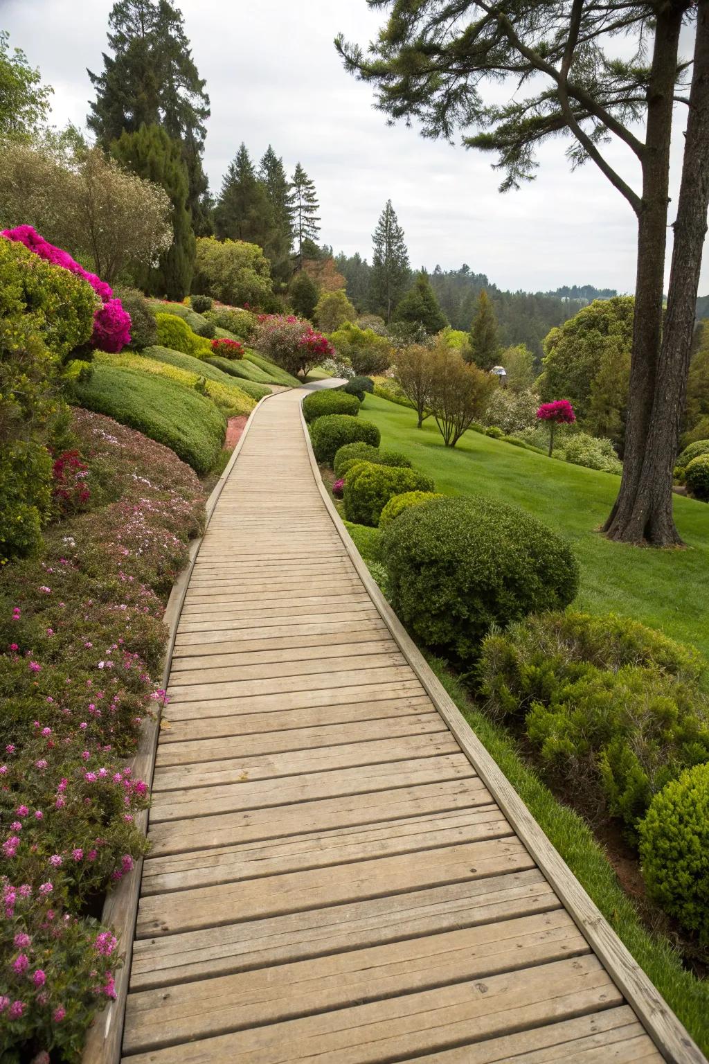 A linear boardwalk providing a modern touch to the garden.