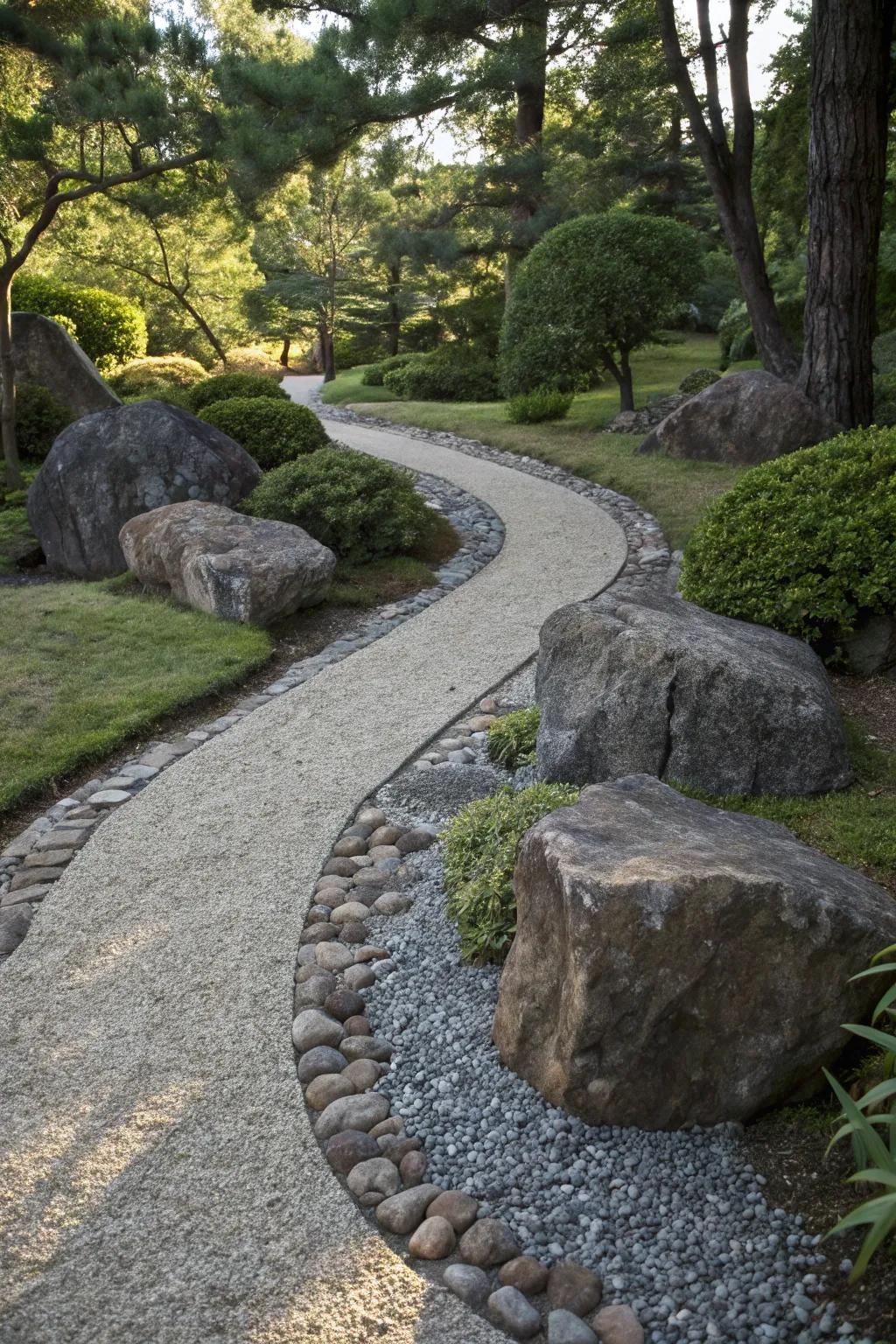 A modern garden path using gravel and pebbles for contrast.