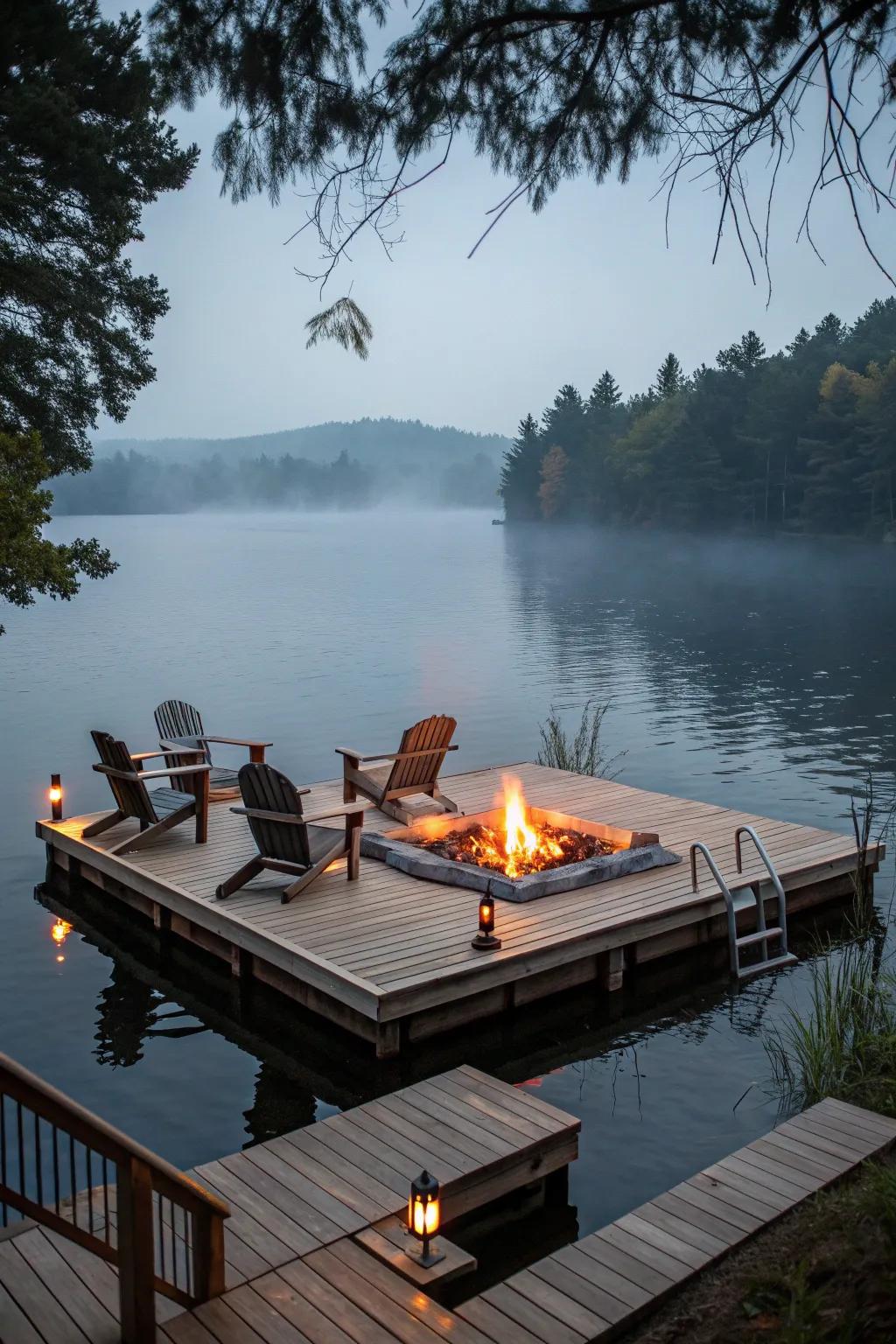 A dock equipped with a fire pit for warm, social evenings.