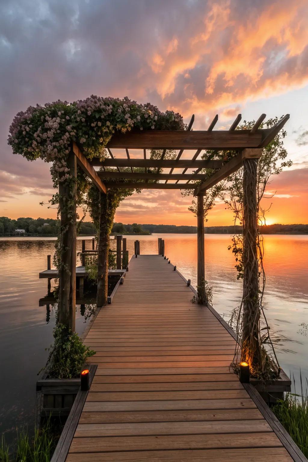 A floating dock with a pergola creates the perfect waterside retreat.
