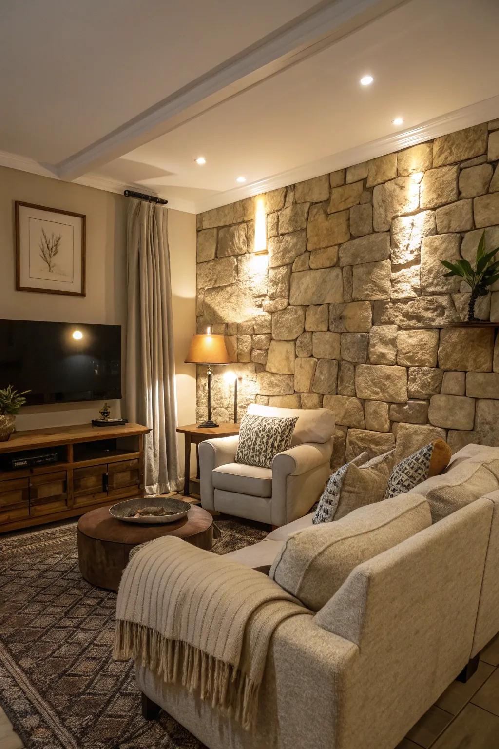 Create a cozy atmosphere with a stone accent wall.