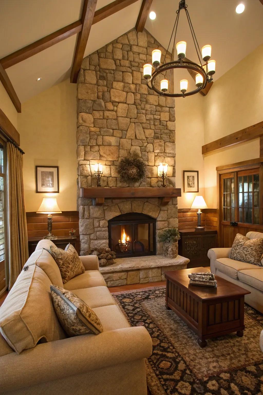 Make your fireplace the focal point with a stone surround.