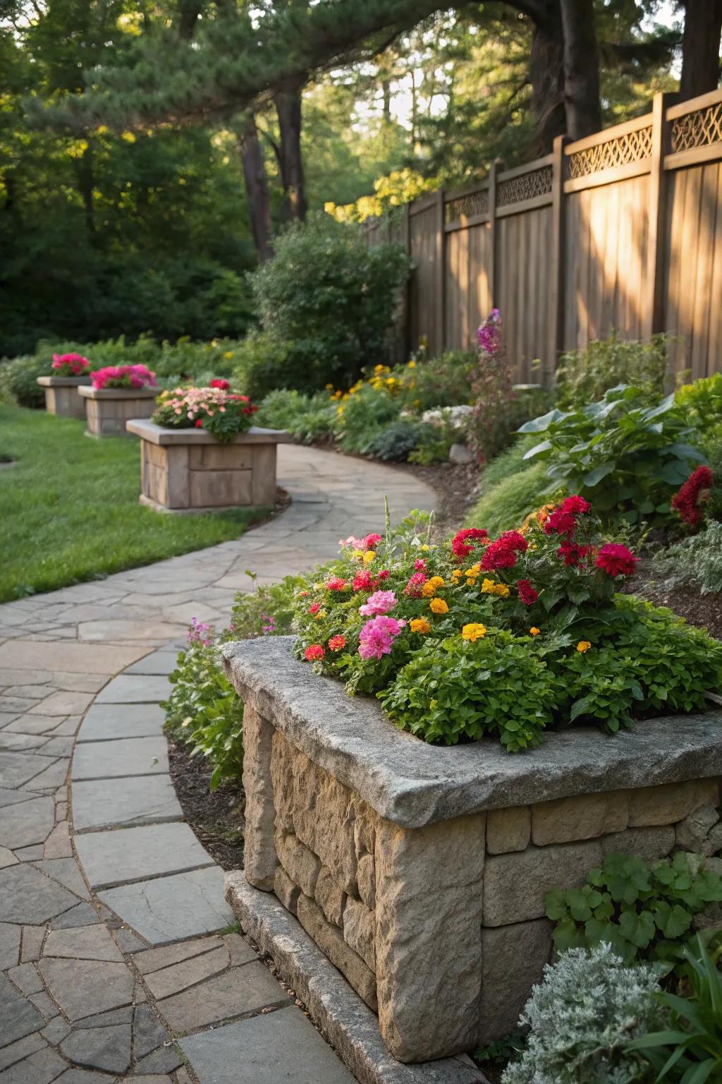 Elevate your plants with raised stone planters.