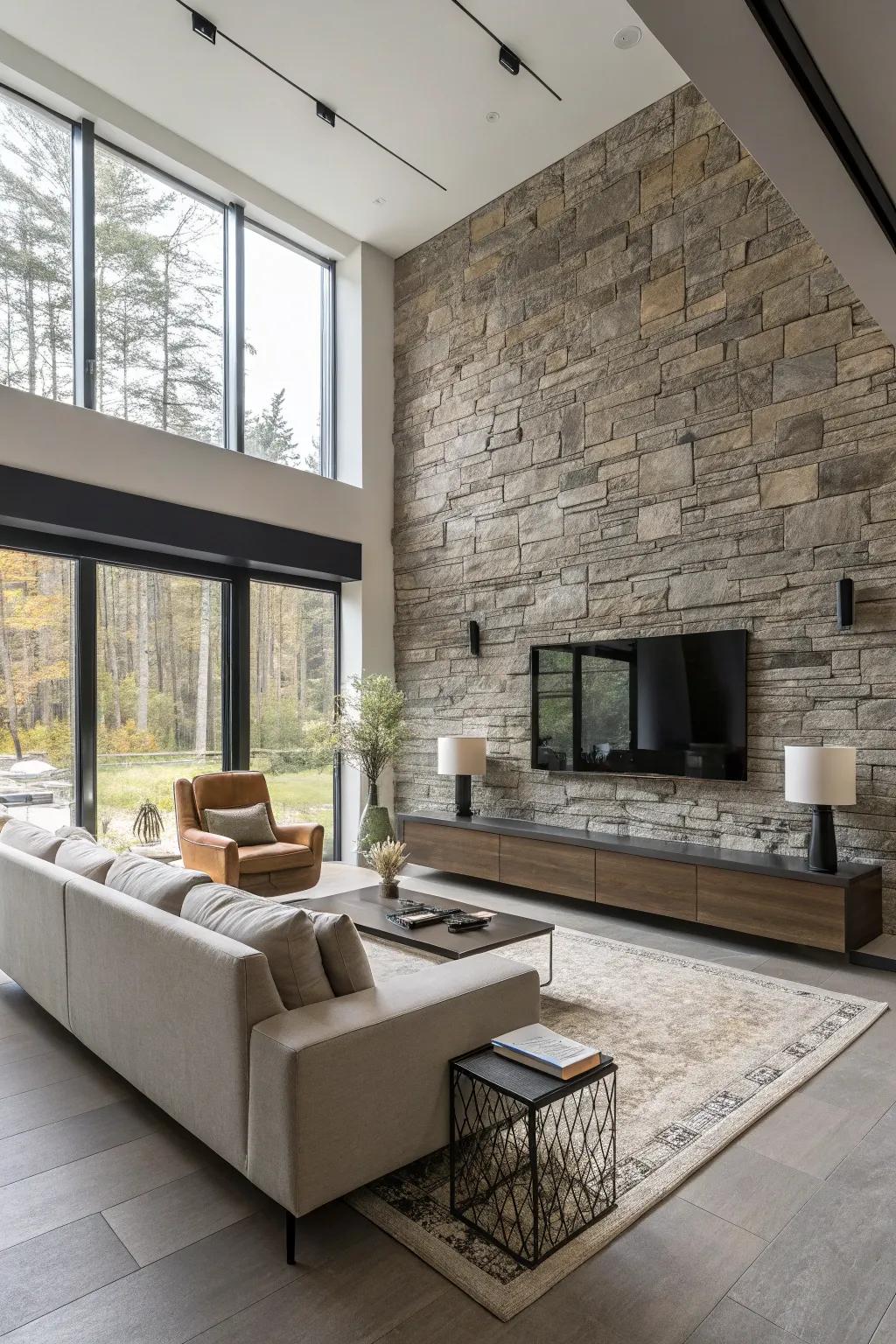 Achieve modern elegance with sleek stone walls.