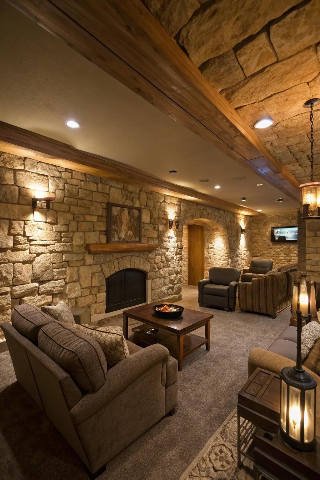 Elevate your basement with stylish stone walls.