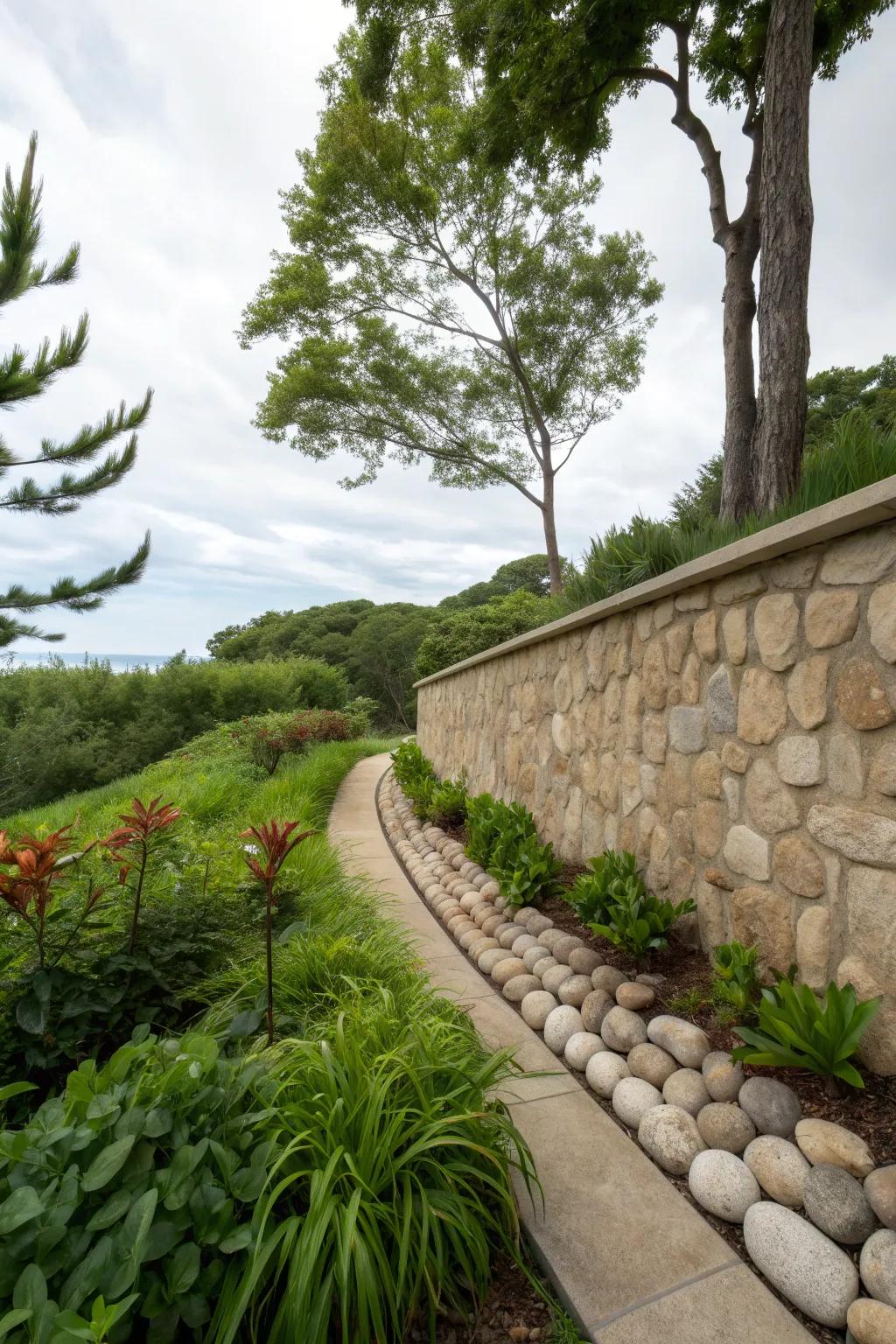Natural stone capping blends seamlessly with your garden's natural beauty.