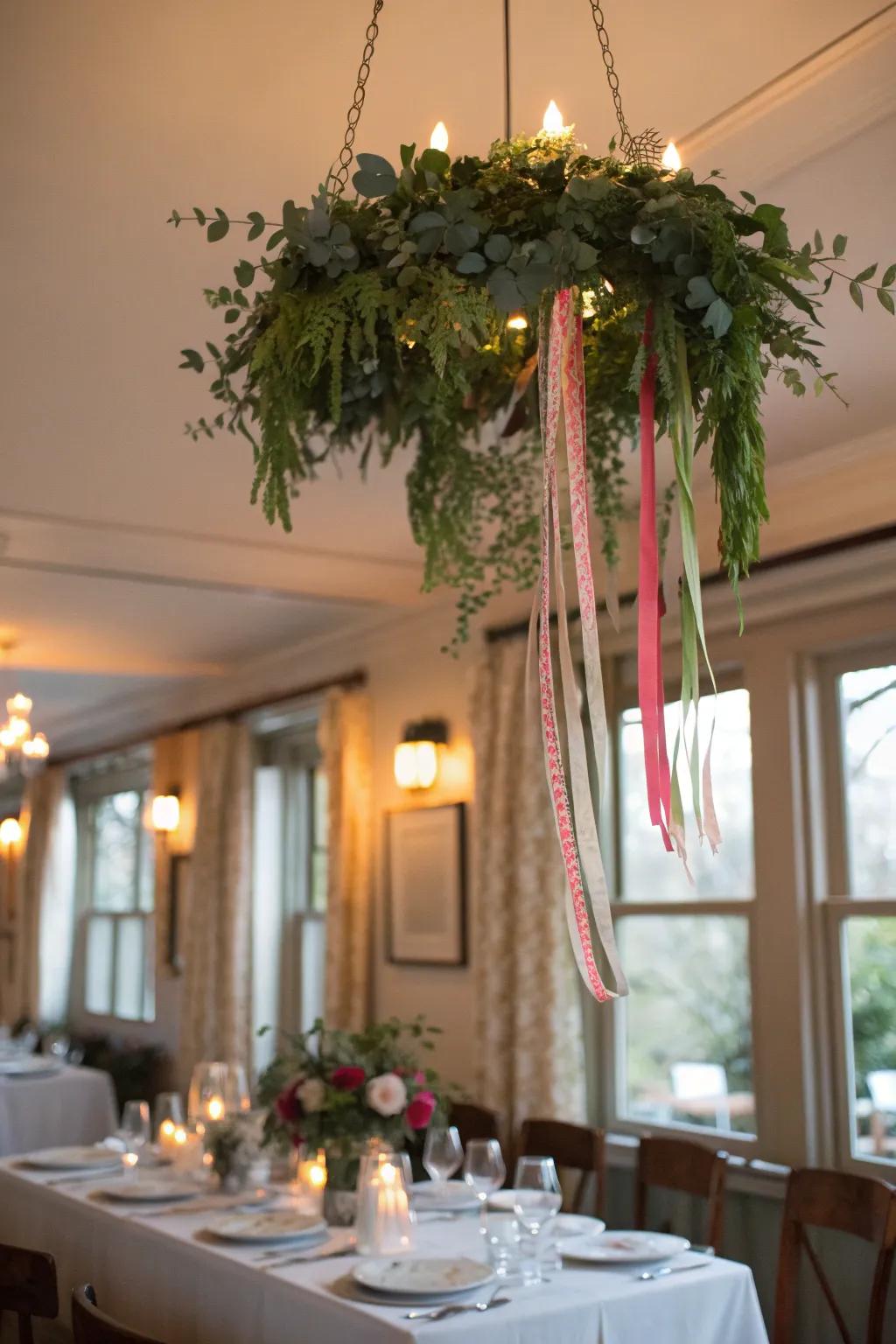 A garland hanging from the ceiling in a dining room.