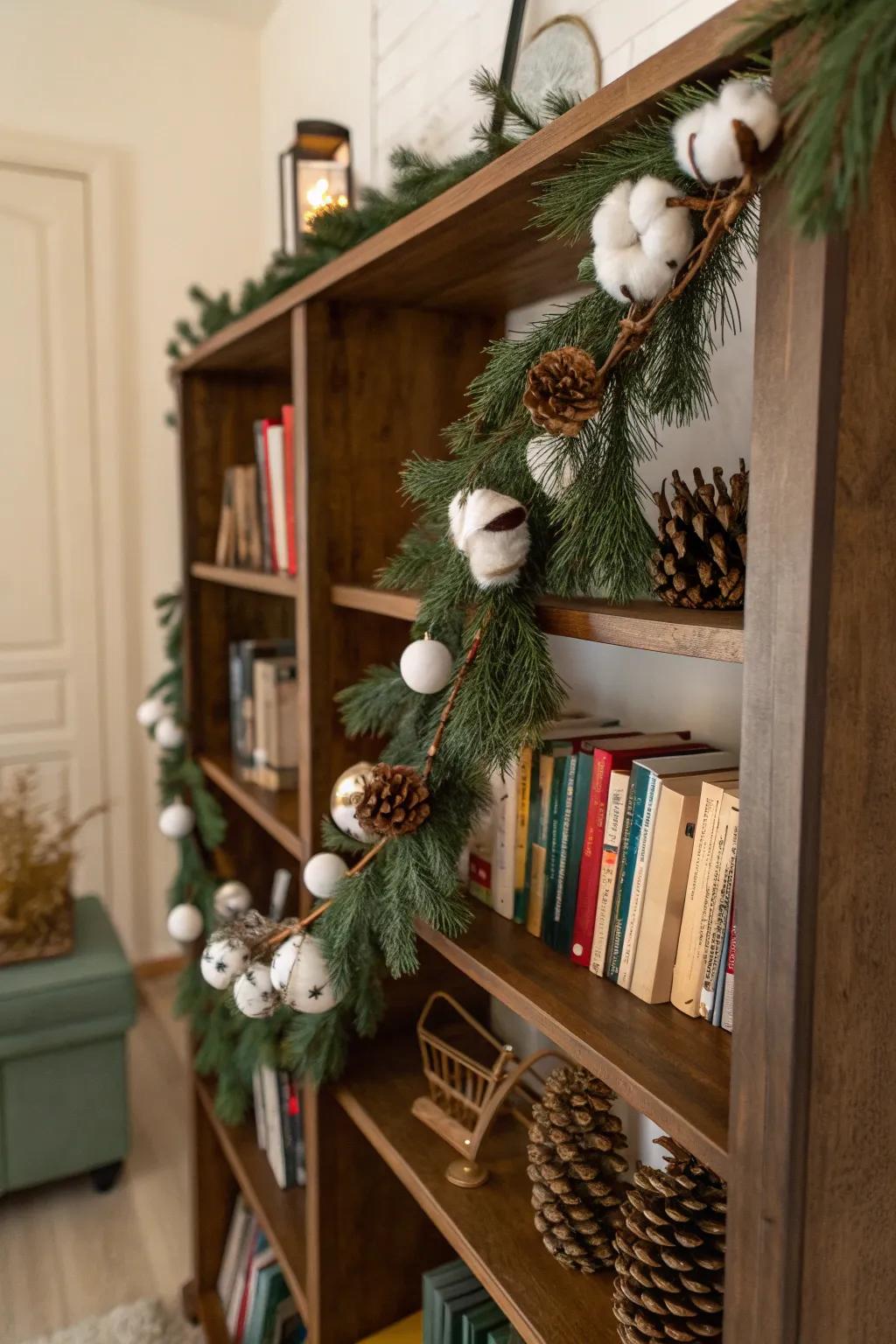 A bookshelf decorated with a garland.