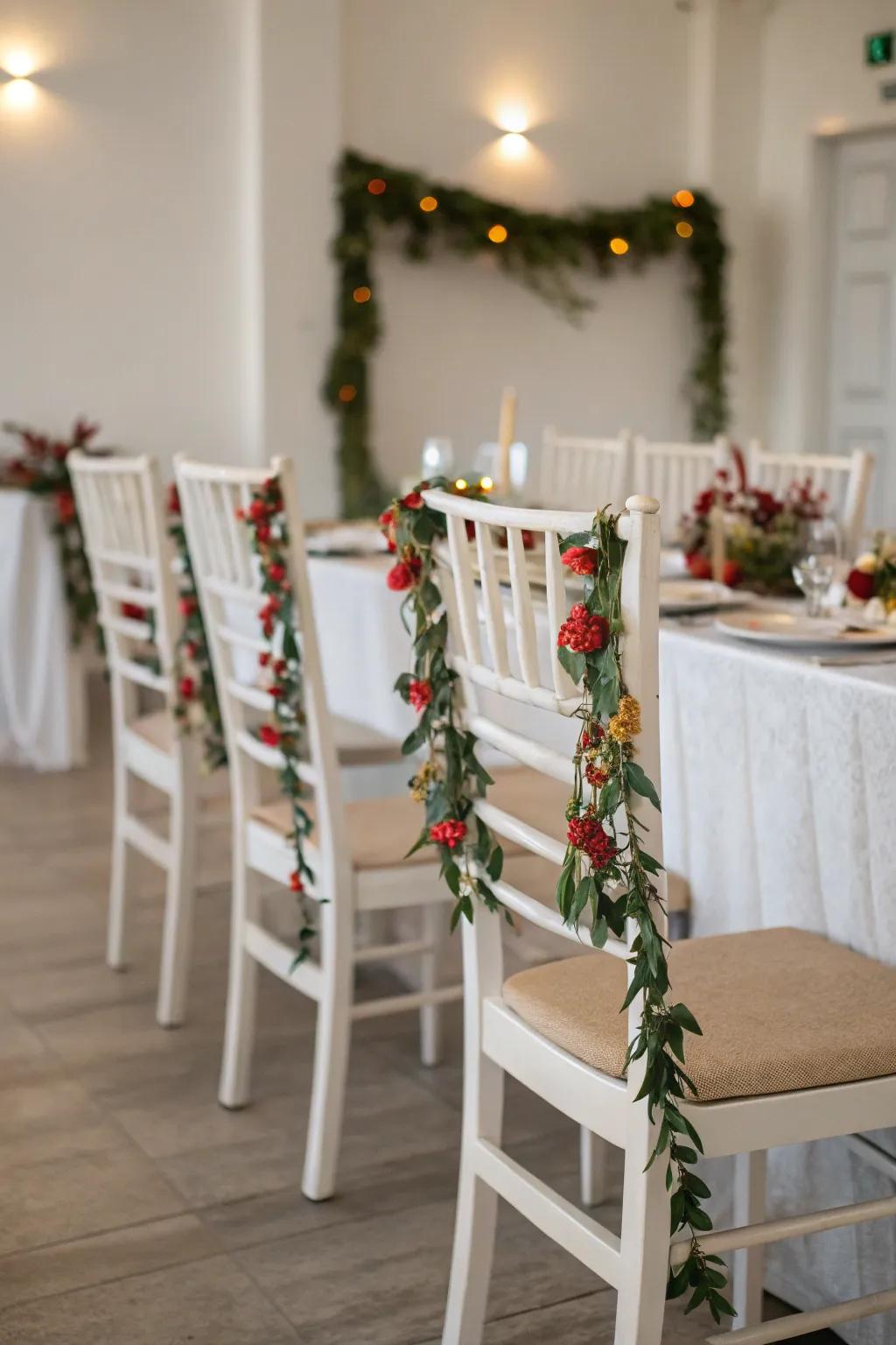 Dining chairs adorned with small decorative garlands.