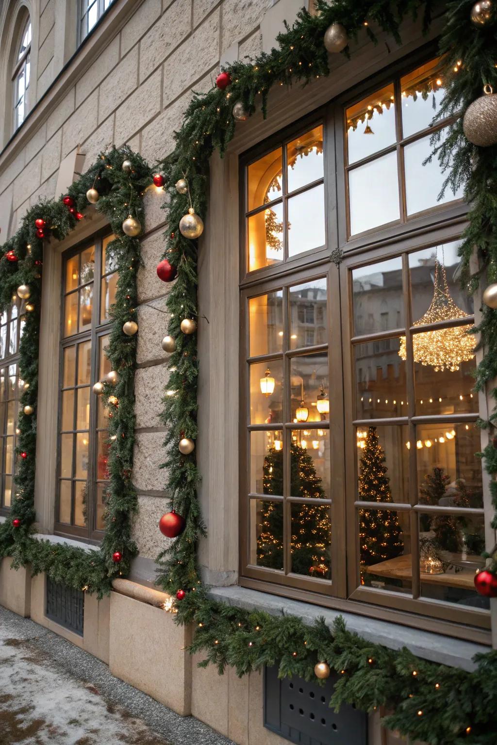 Windows framed with festive garlands.