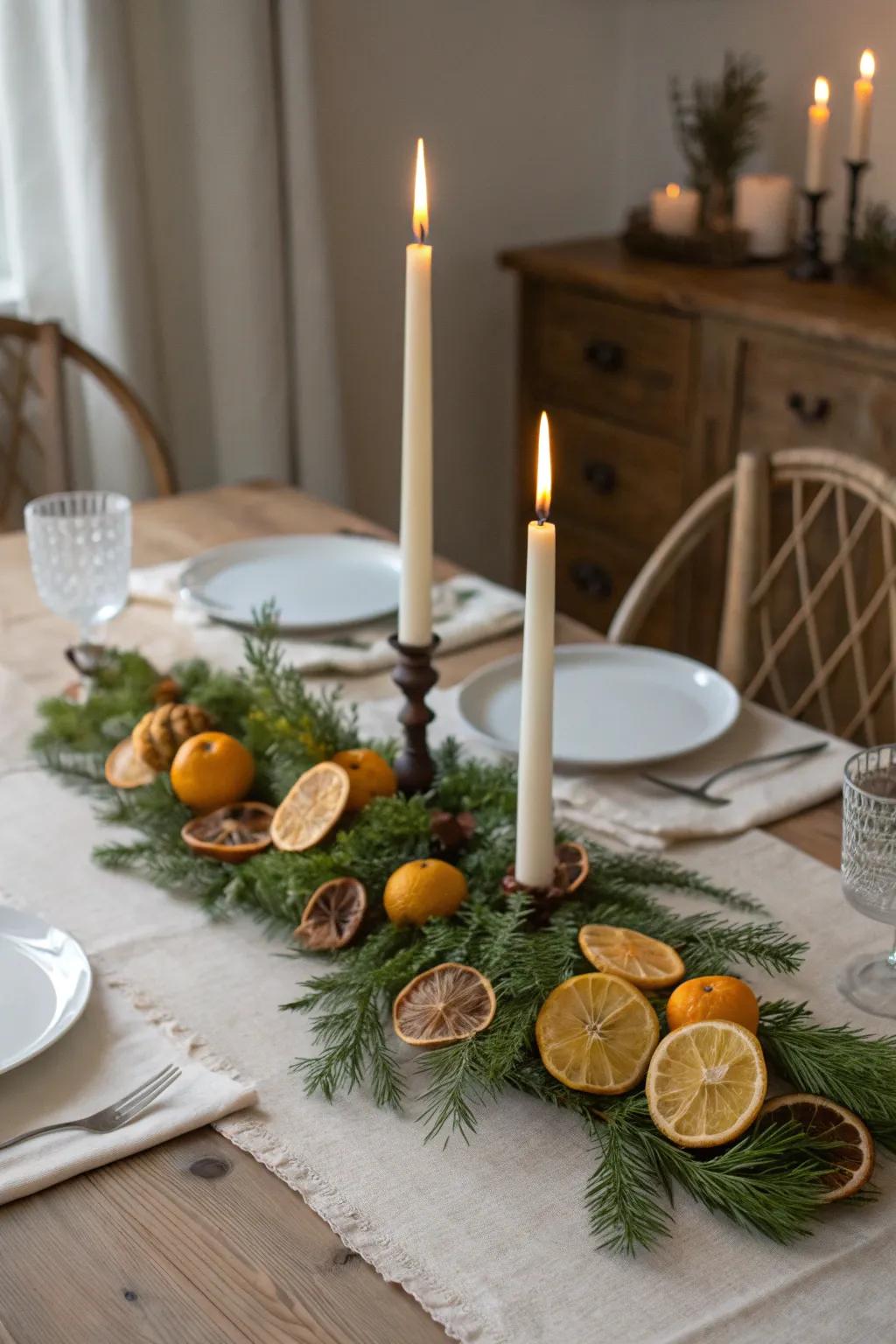A dining table with a garland centerpiece.