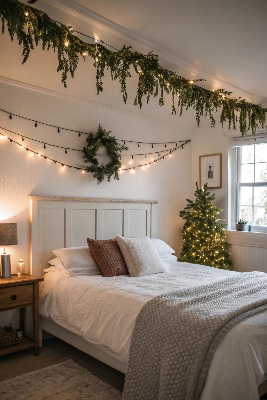 A bedroom headboard adorned with a garland.