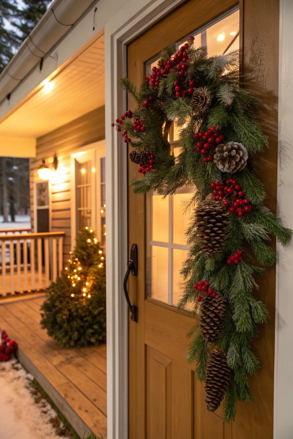 A front door with a charming garland.