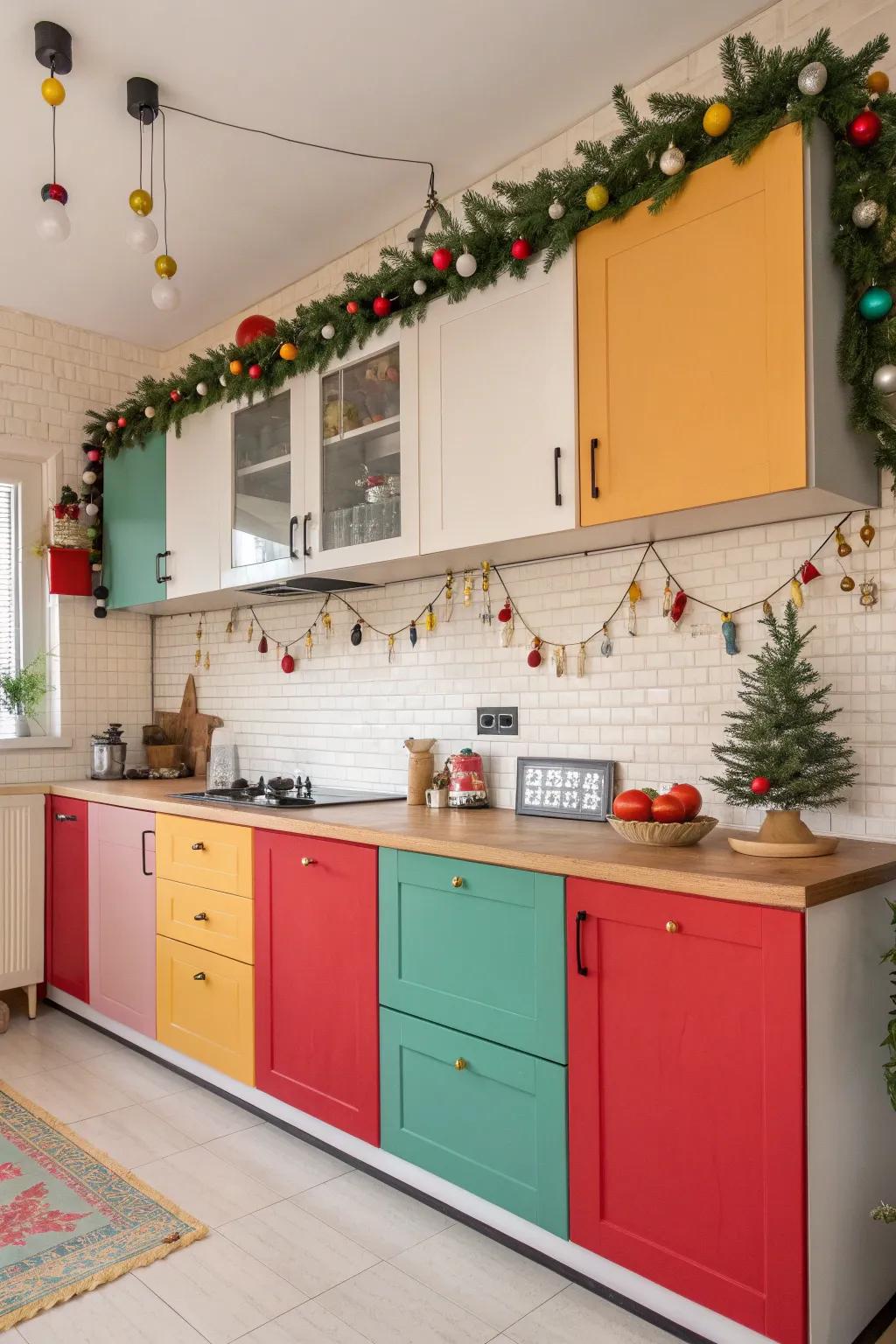 Kitchen cabinets with a decorative garland above.