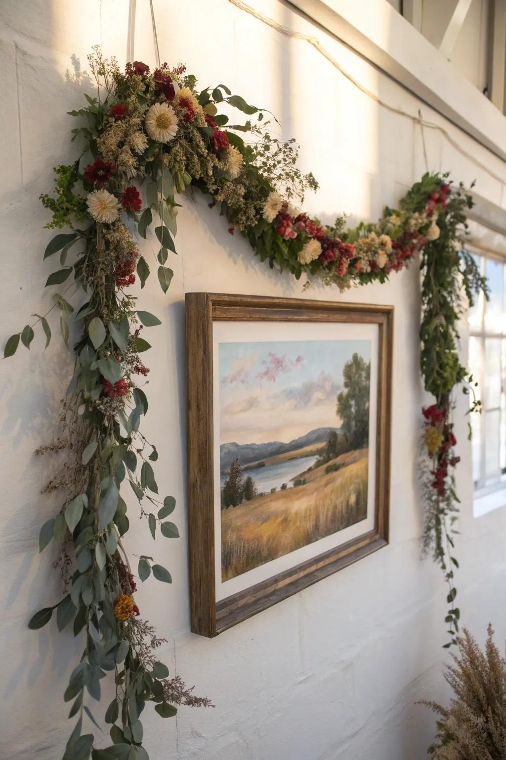 Artwork framed with a decorative garland.