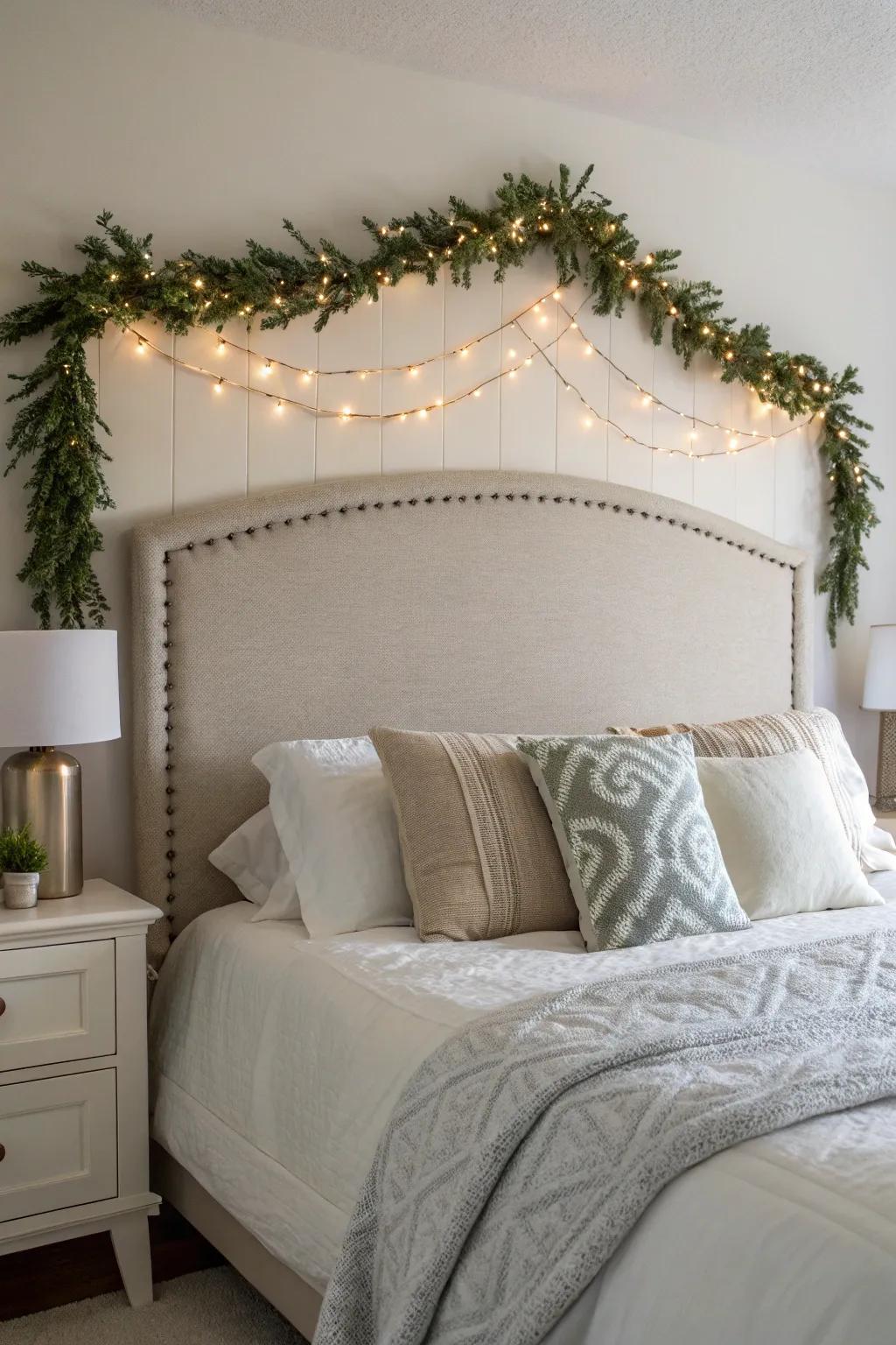 A headboard adorned with a natural garland.