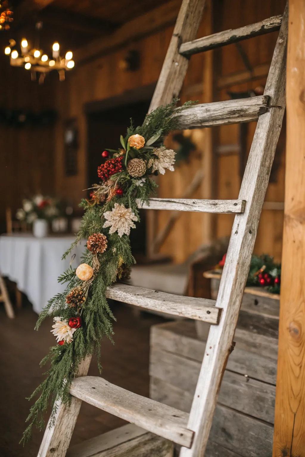 A rustic ladder used as a decorative display with a garland.