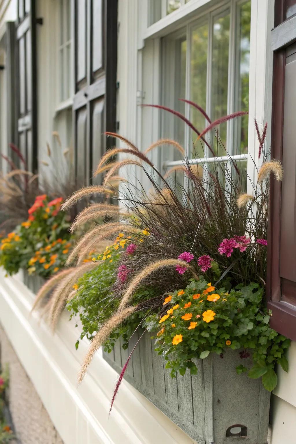 Ornamental grasses add movement and texture.