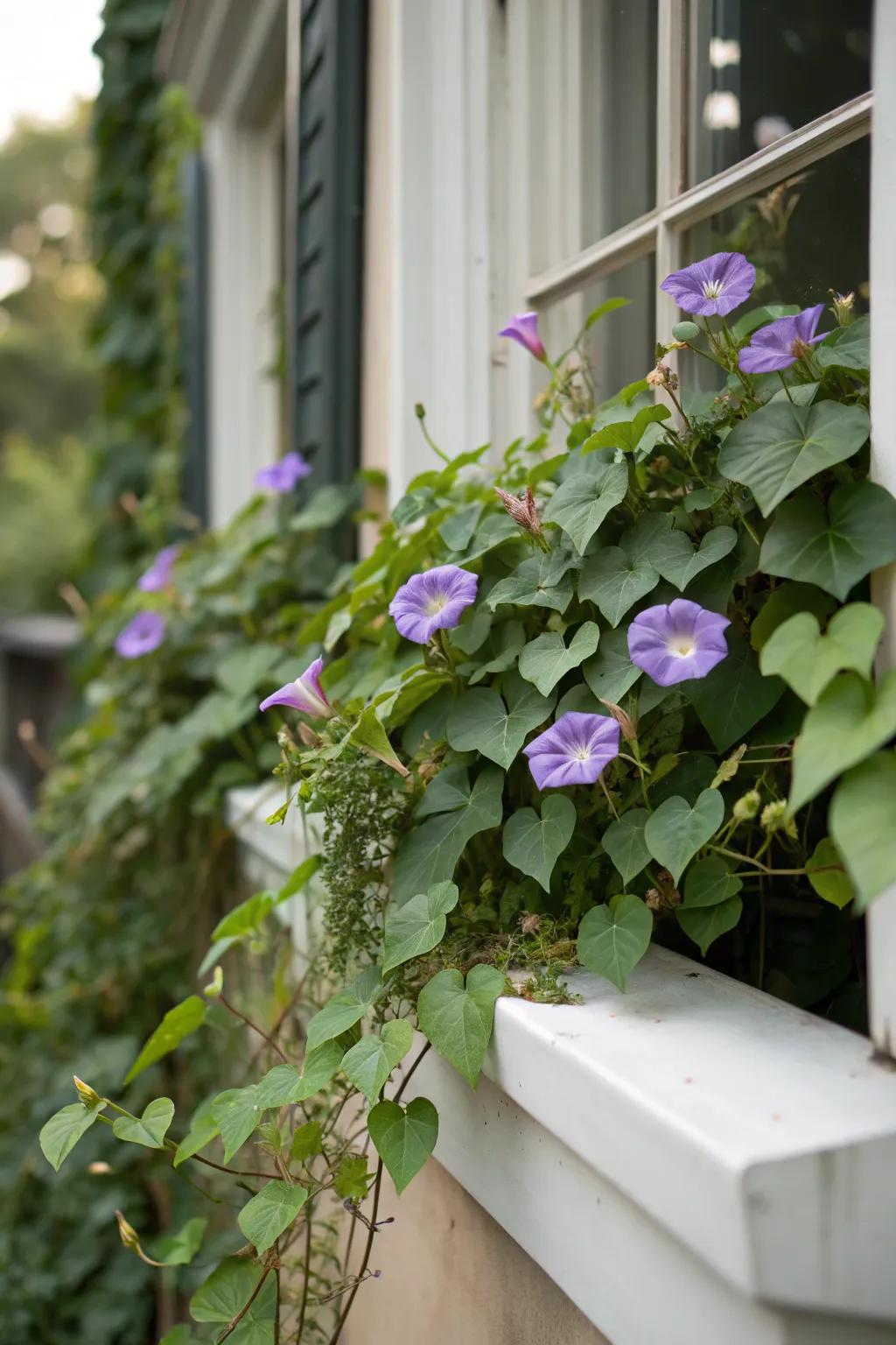 Morning glories add height with their climbing blooms.