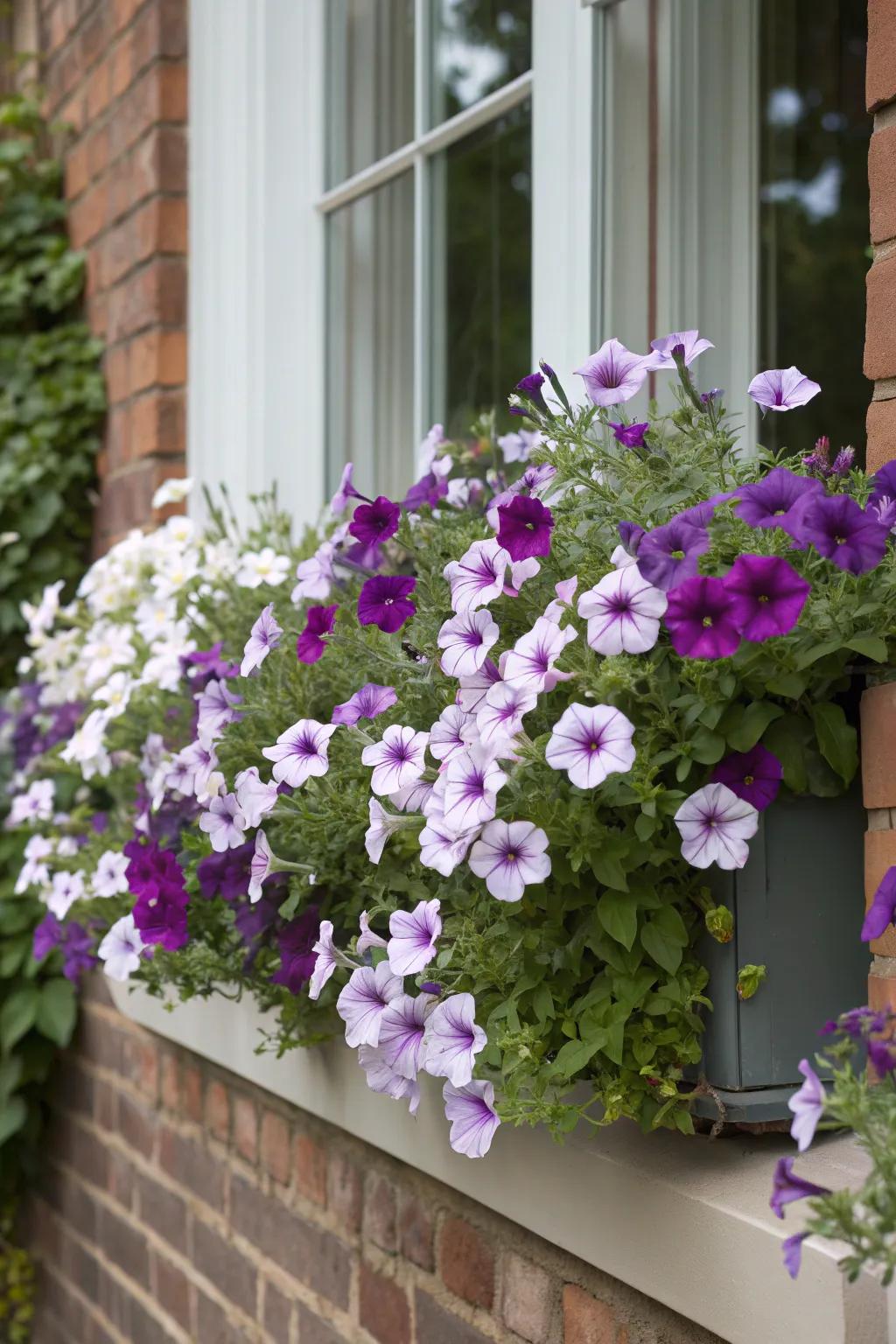 Trailing petunias create a waterfall of color.