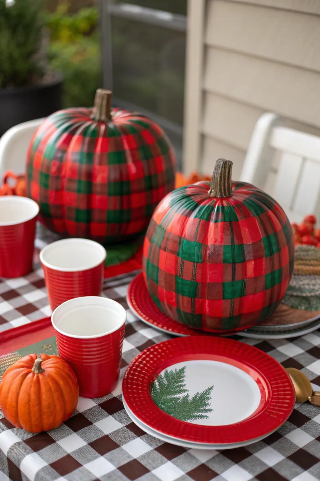 Rustic charm with plaid-patterned pumpkins.