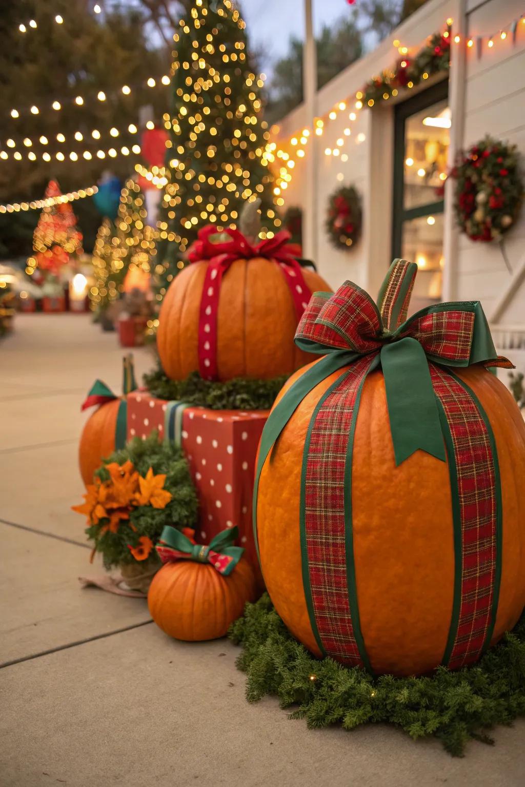 Pumpkins wrapped like Christmas presents.