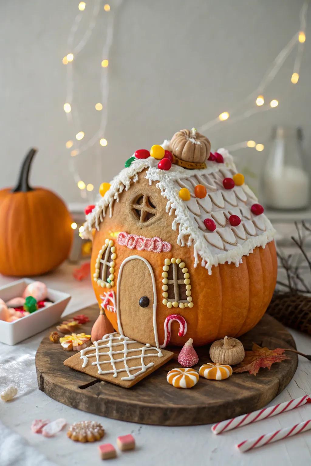 A sweet and charming gingerbread house pumpkin.