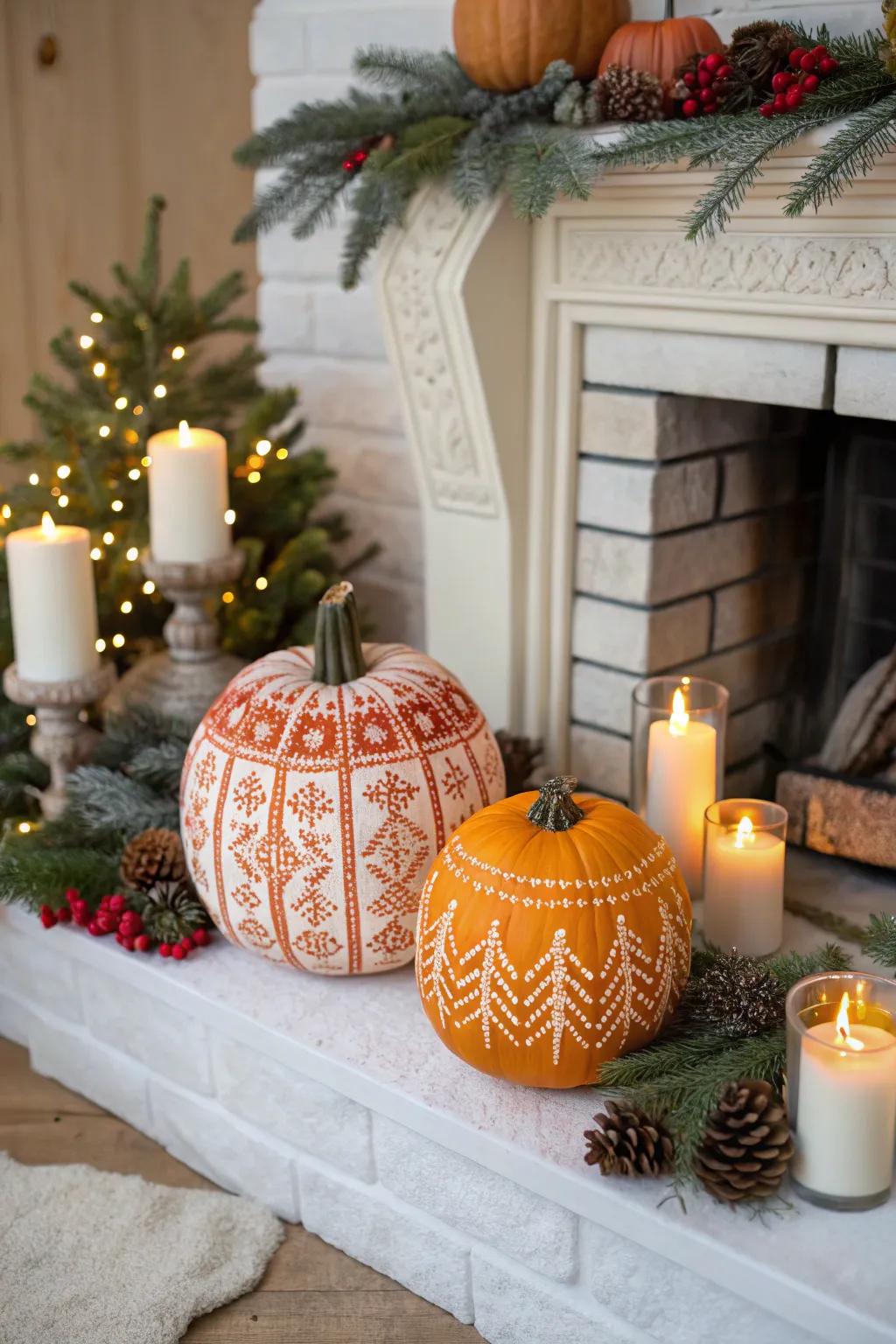 Warm up your decor with Nordic knit-patterned pumpkins.