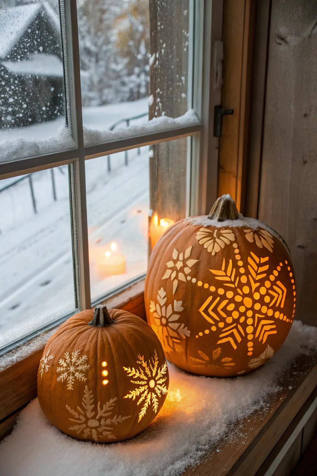 Delicate snowflake designs bring winter elegance to your pumpkins.