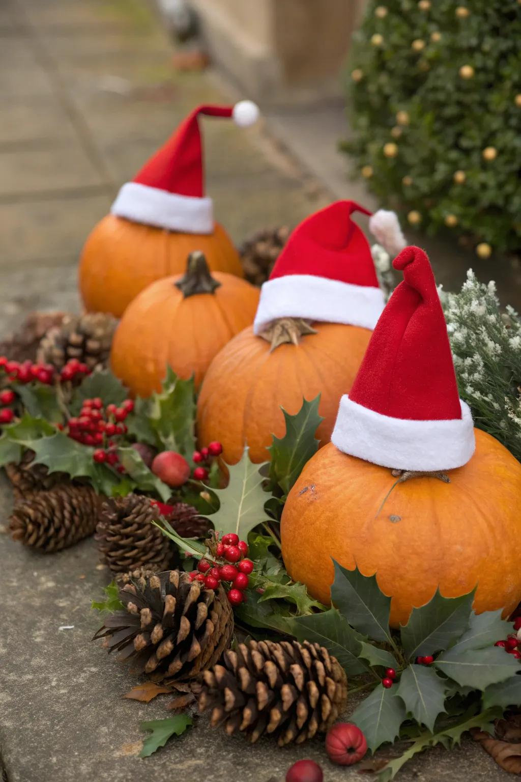 Pumpkins with a festive Santa flair.