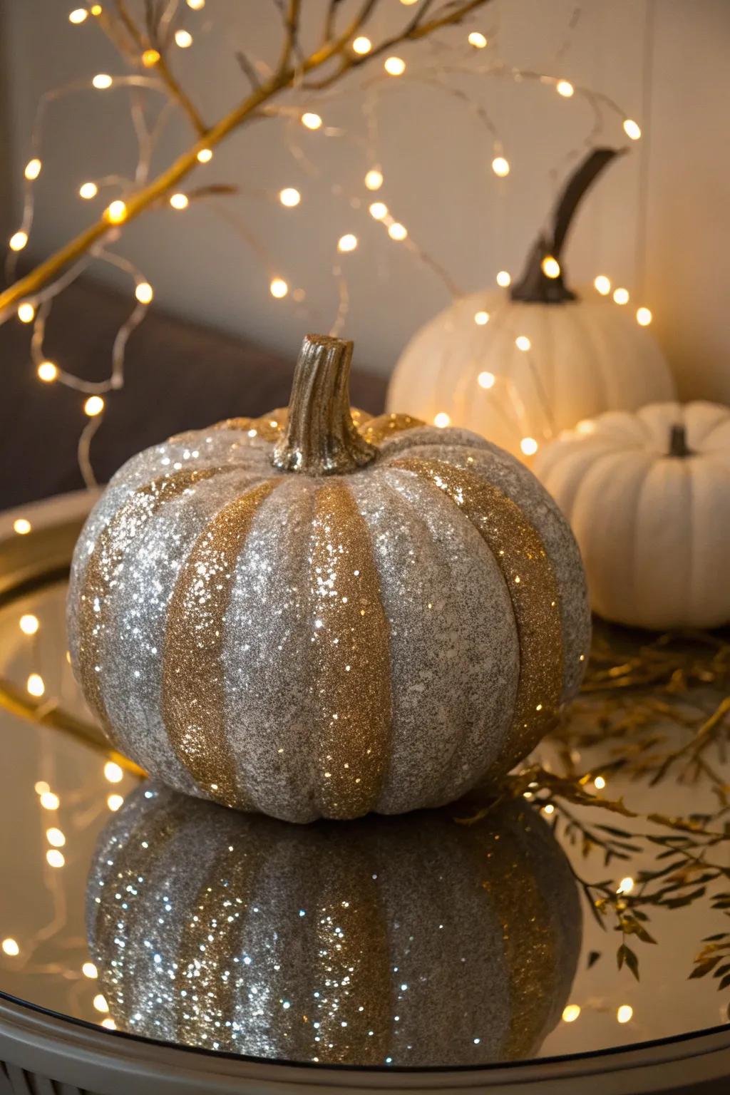 Add sparkle to your holiday decor with glitter pumpkins.