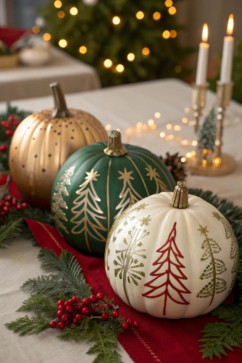 Pumpkins transformed into elegant Christmas ornaments.