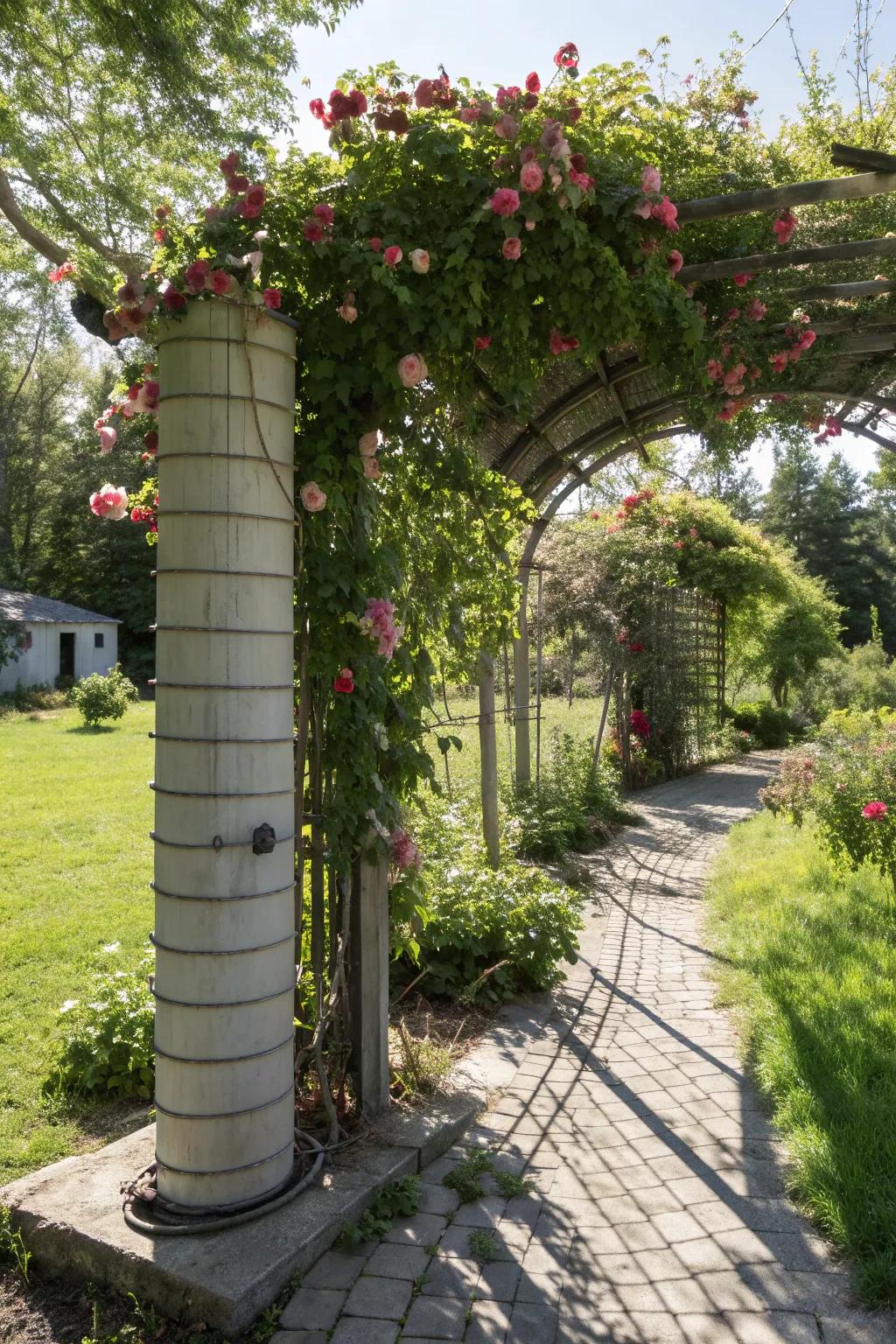Well pipe elegantly masked with a trellis and vines