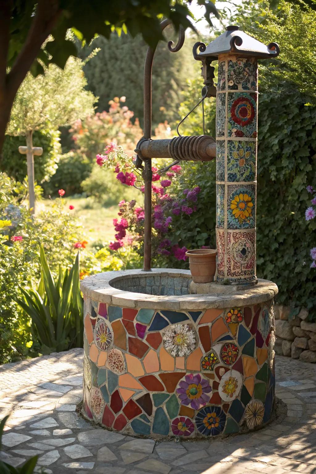 Well pipe transformed into a colorful mosaic art piece