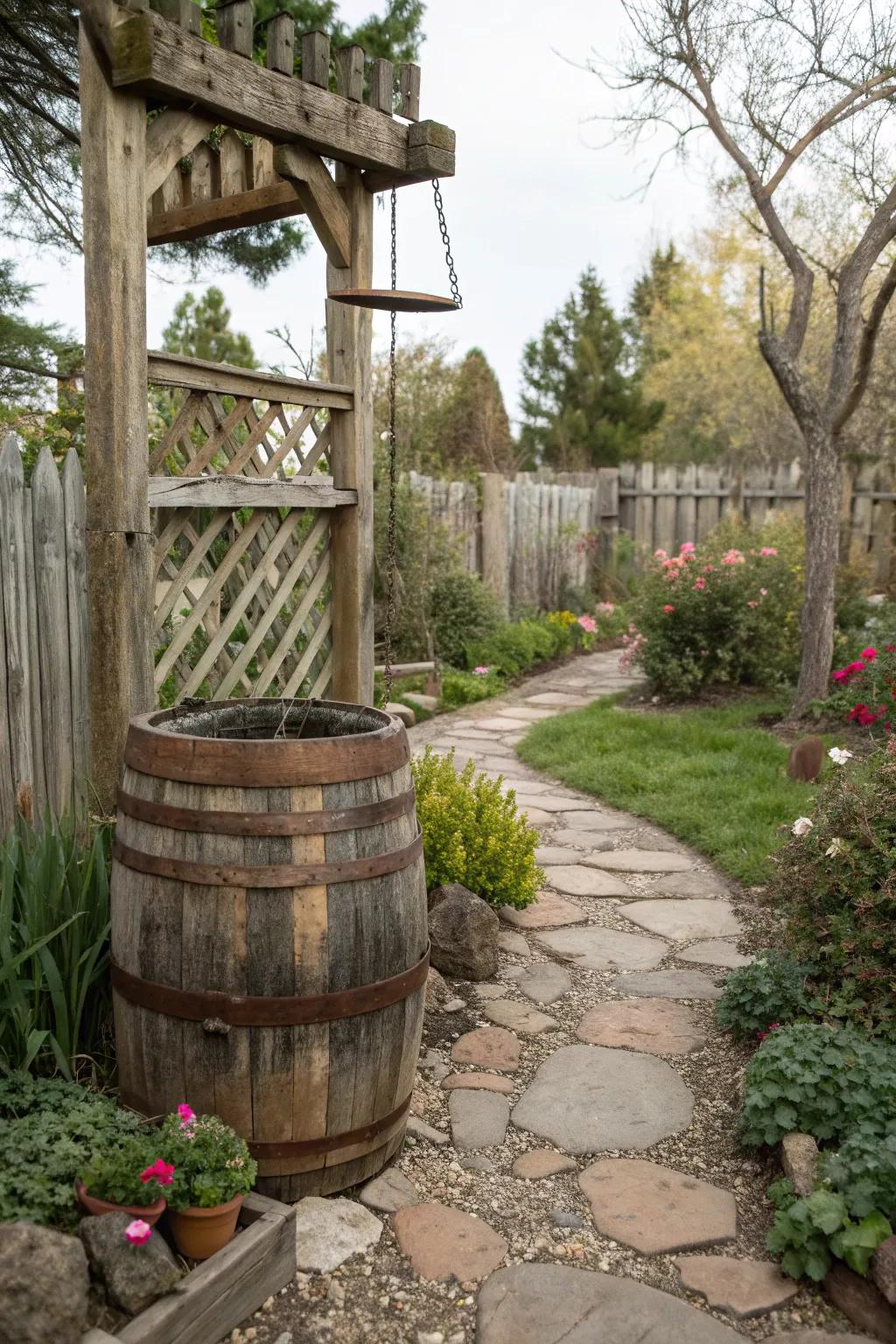 Well pipe cleverly hidden under a vintage barrel