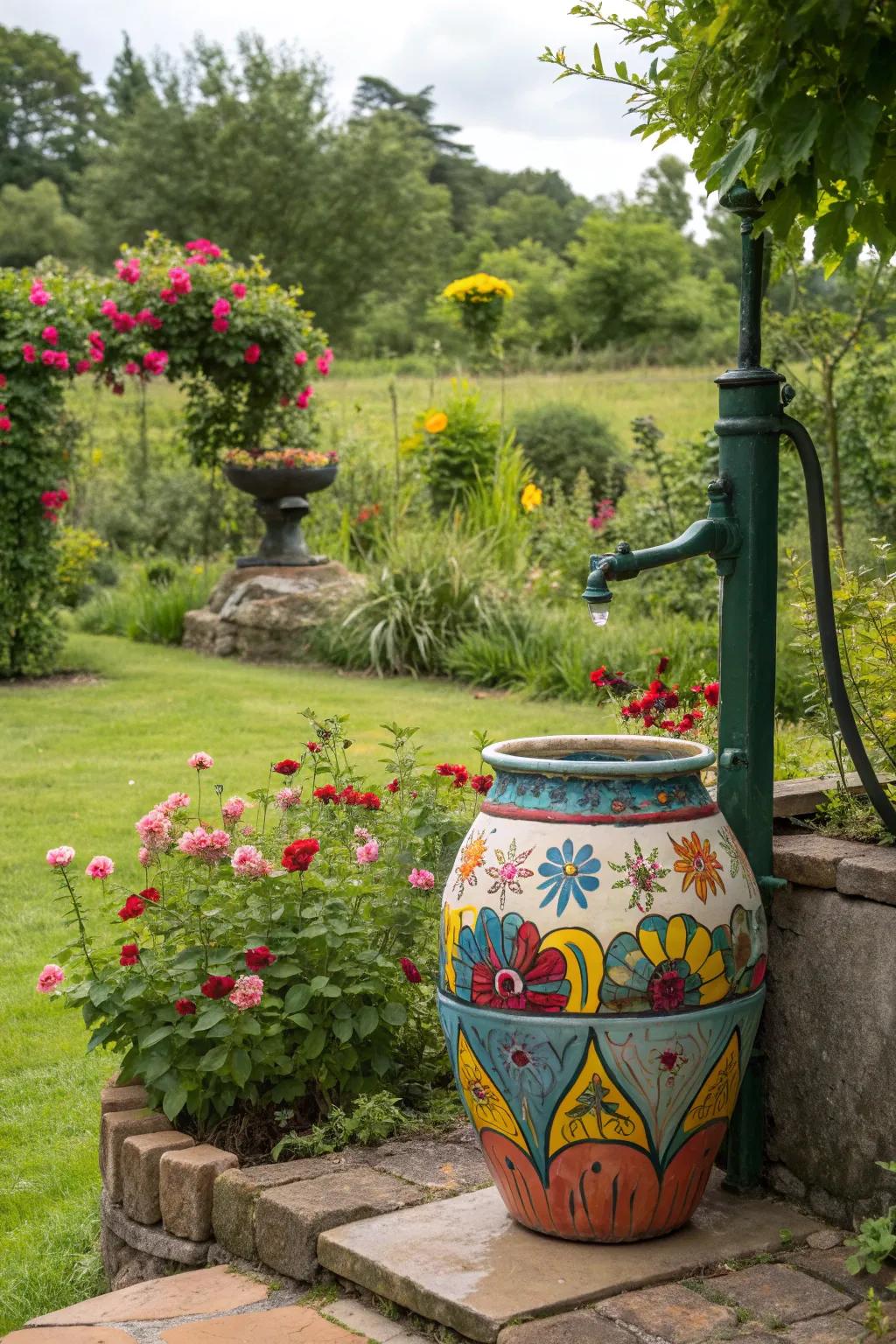 Well pipe concealed with a colorful ceramic pot