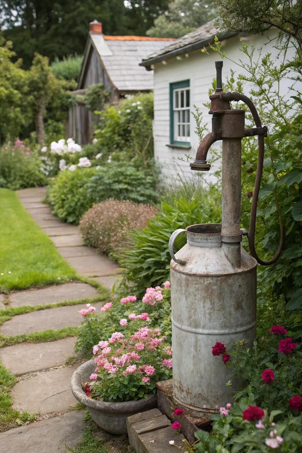 Well pipe hidden beneath a charming vintage milk can
