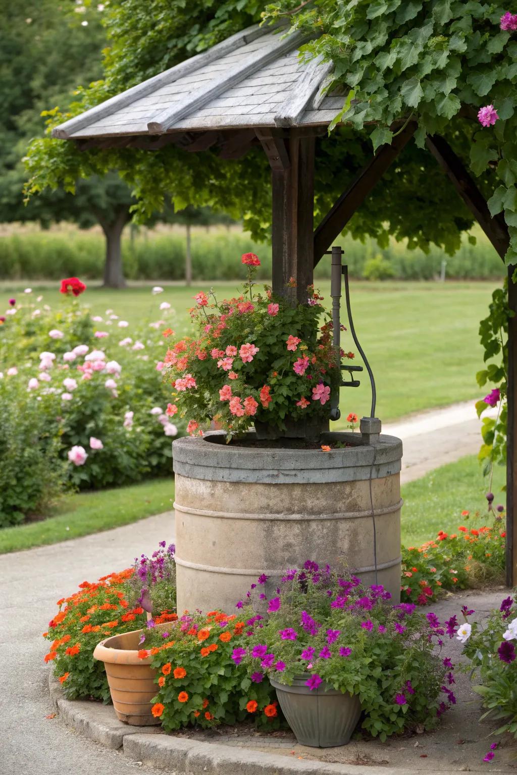 Well pipe hidden under a lush potted plant