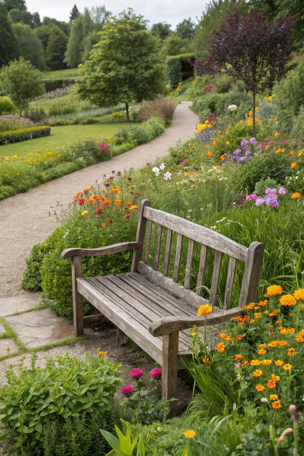 A cozy wooden bench nestled among vibrant wildflowers.