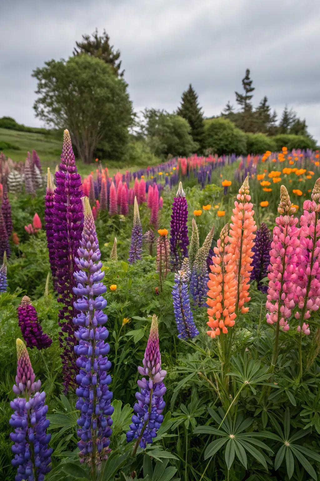 Unique and striking combinations of wildflowers in a garden.
