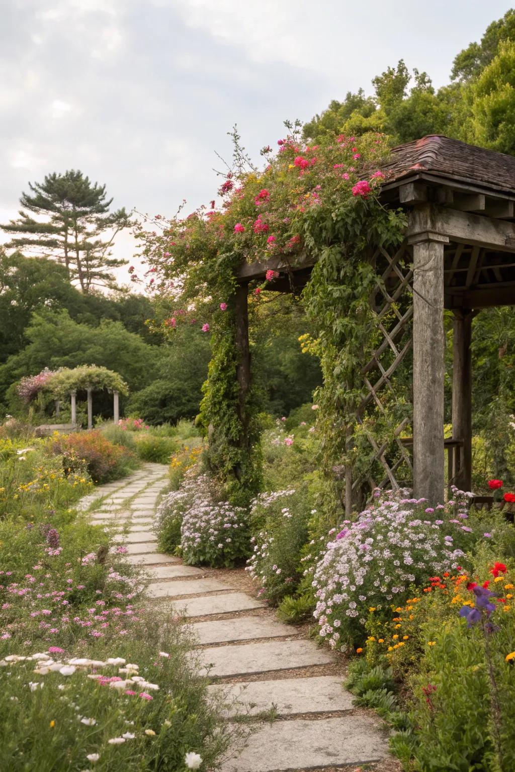 A garden pergola adorned with climbing wildflowers.