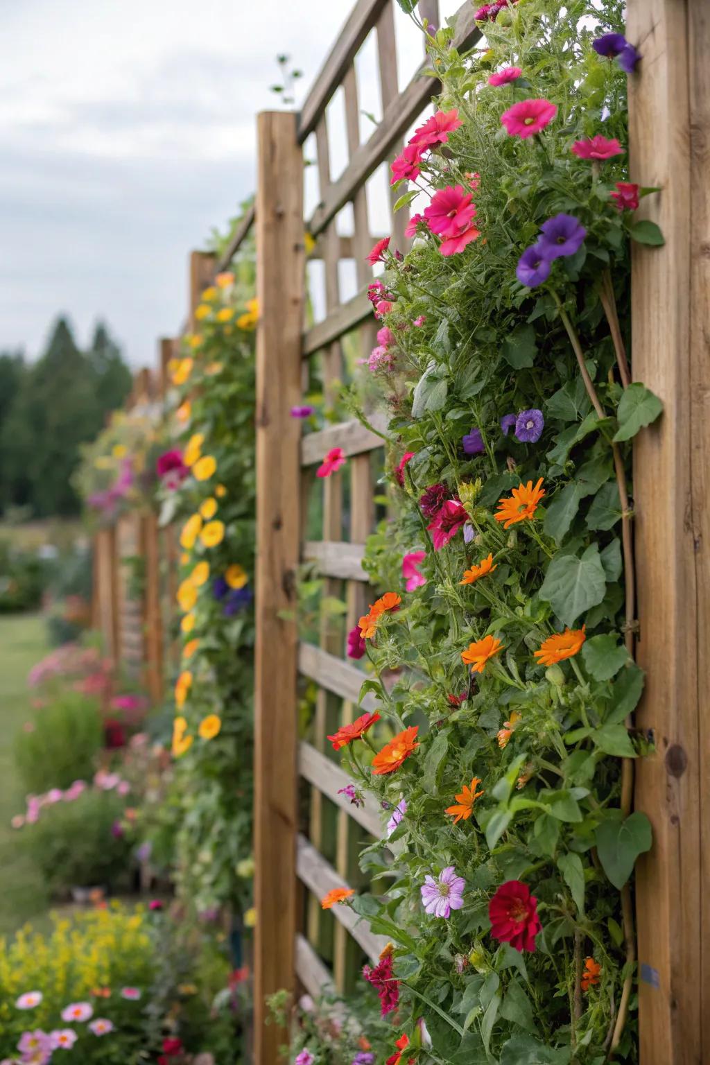 A vertical garden with wildflowers climbing trellises.