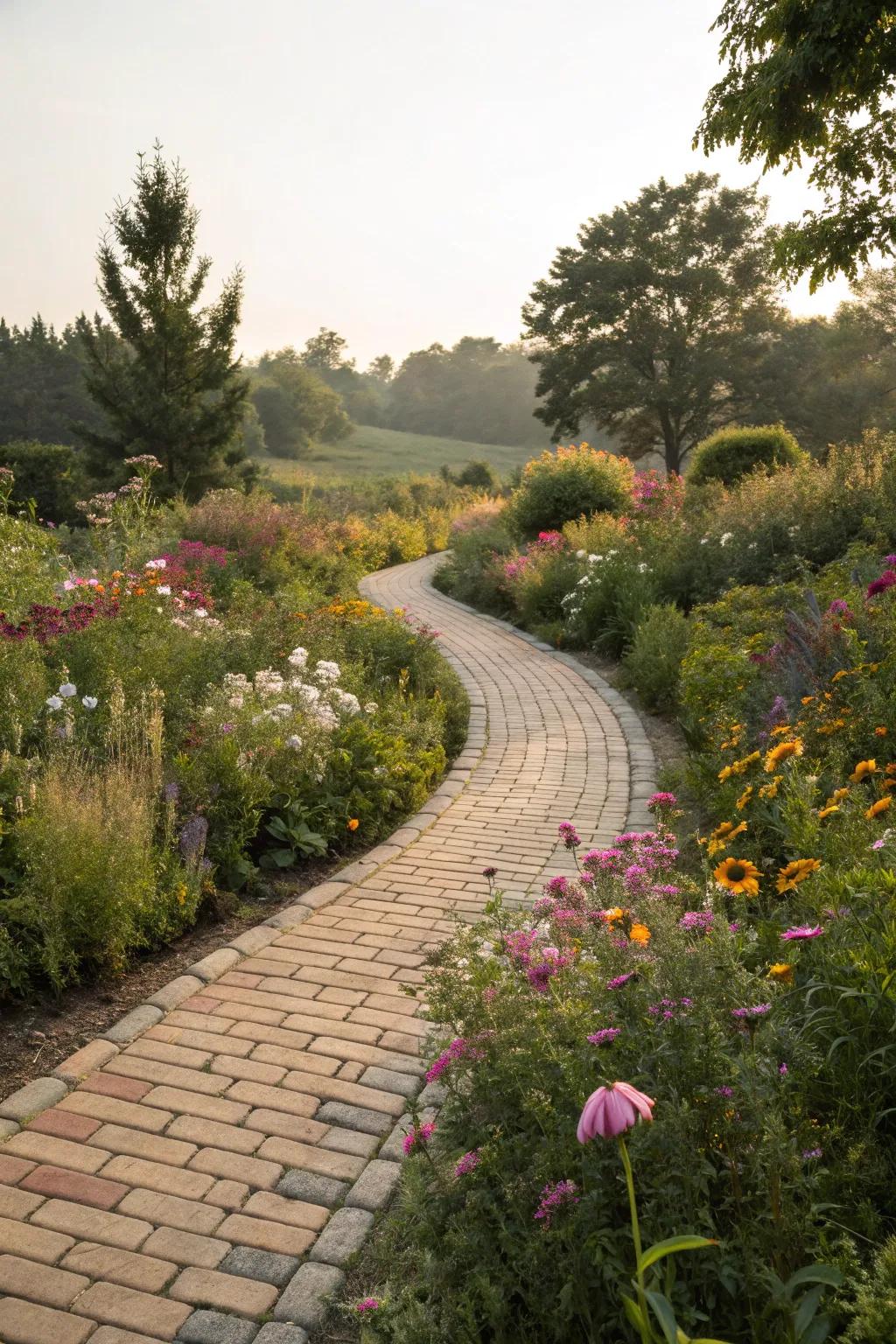 A charming brick pathway winding through a colorful wildflower garden.