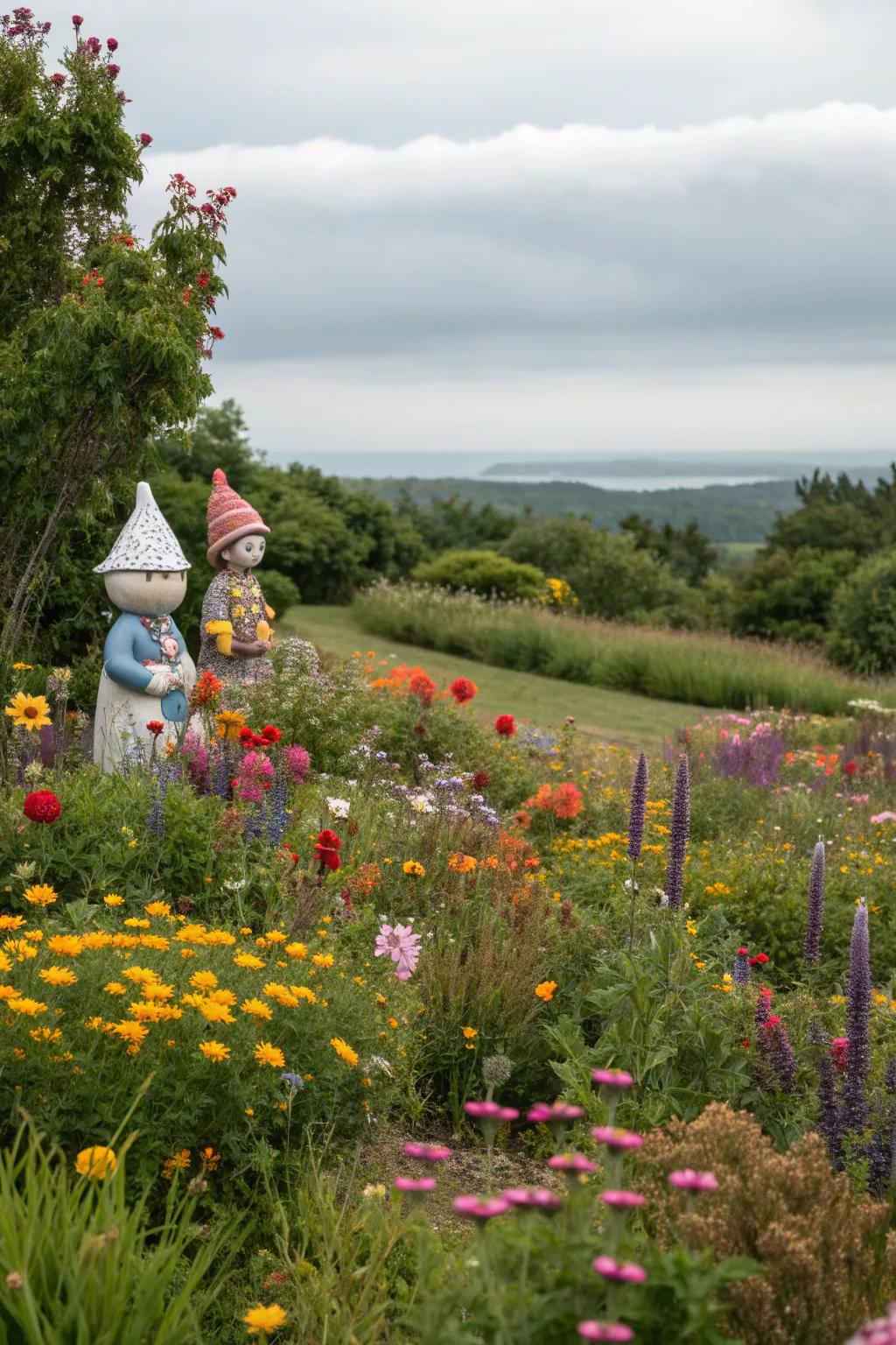 Whimsical garden sculptures adding charm to a wildflower garden.