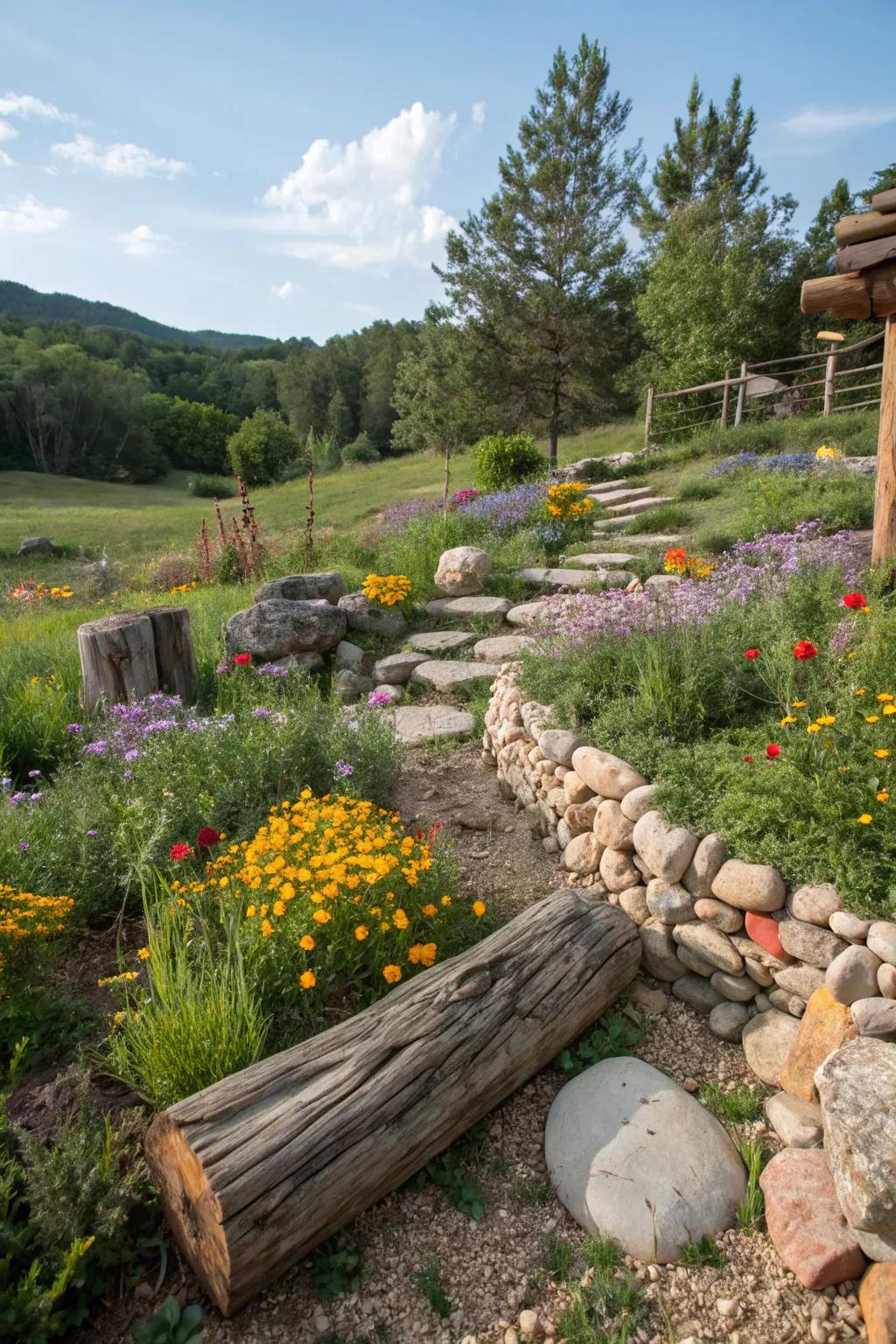 Rustic stones and logs adding charm to a wildflower garden.