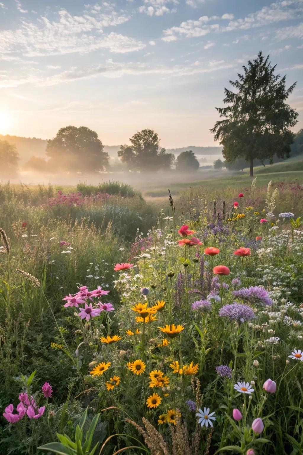 A wildflower garden with blooms changing through the seasons.