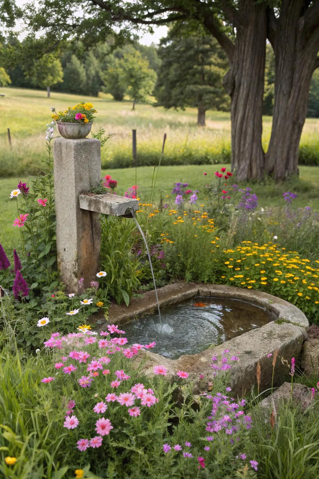 A serene water feature nestled among wildflowers.