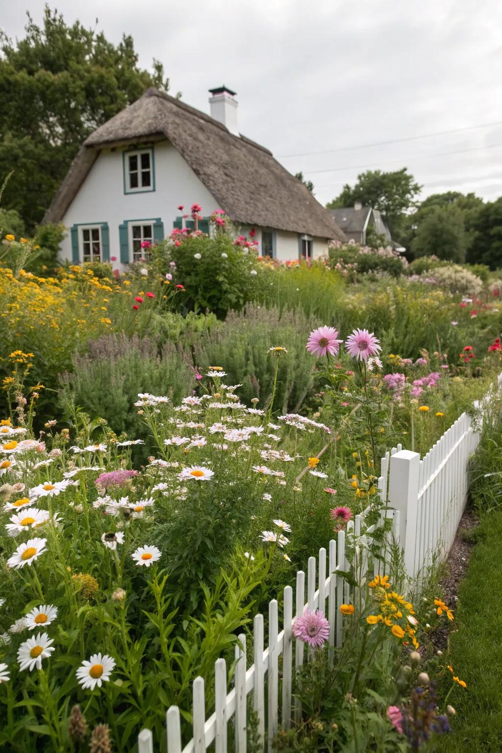 A cottage-style garden overflowing with colorful wildflowers.