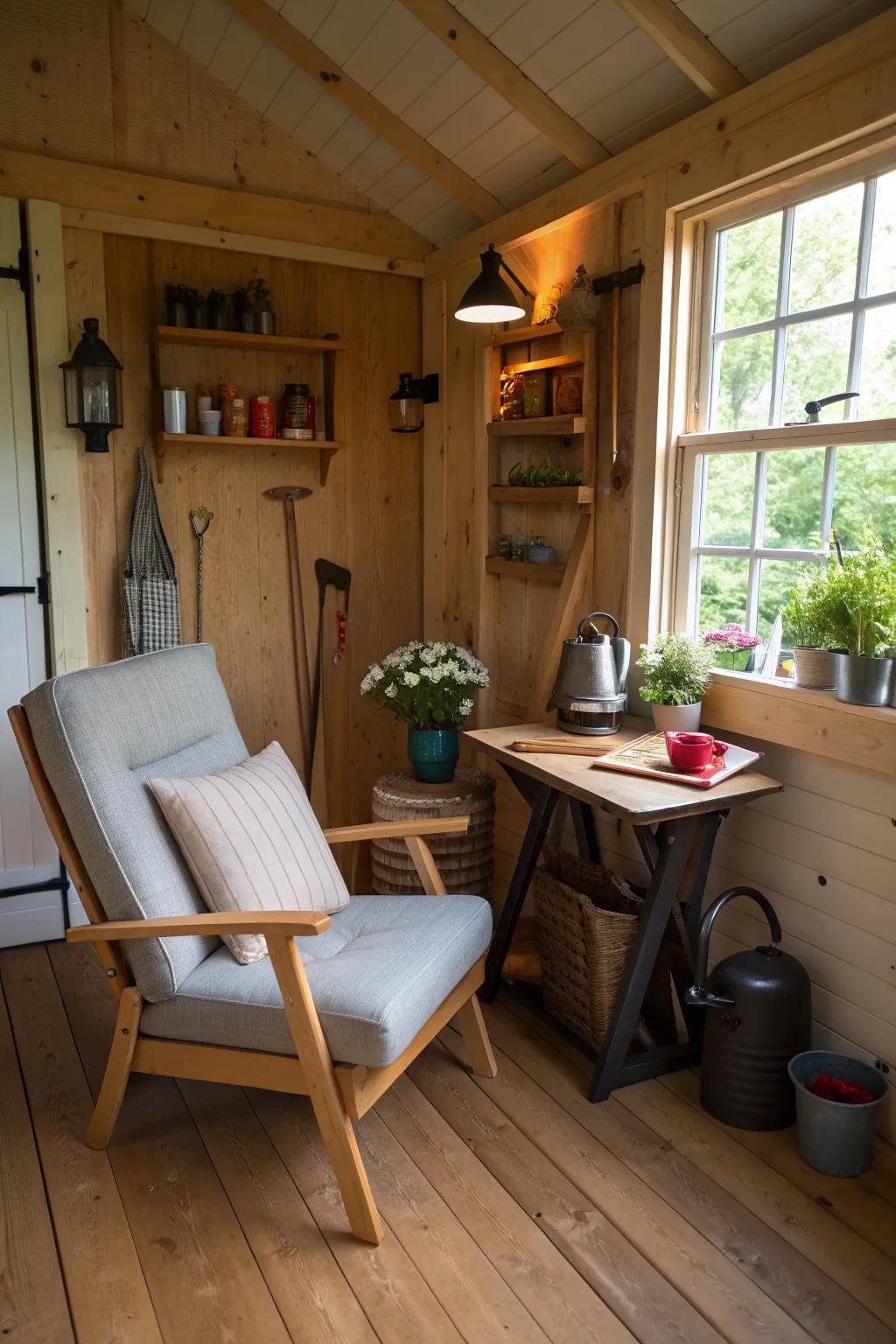A relaxing corner in your shed for a peaceful retreat.